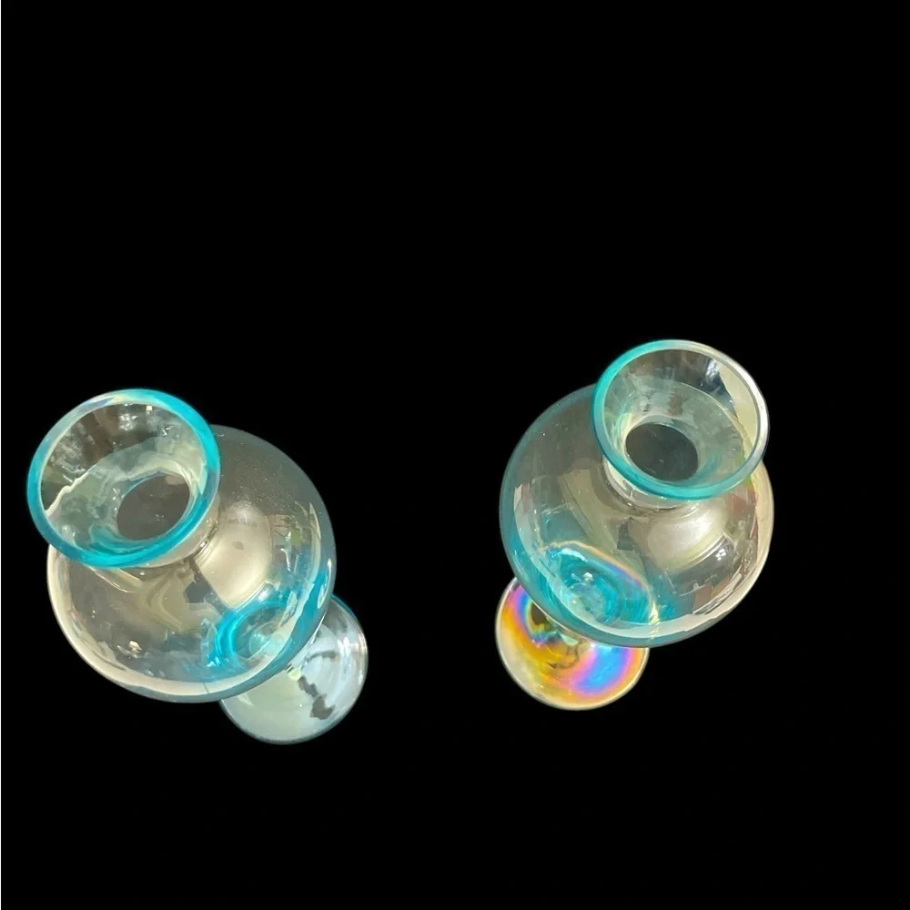 Vintage MCM Light Blue Art Glass Footed Vases 12” Tall Set of 2